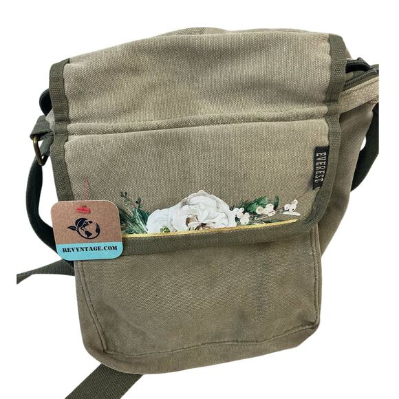 Upcycled Hand Printed White Rose Floral Crossbody Small Canvas Messenger Bag - Picture 1 of 6
